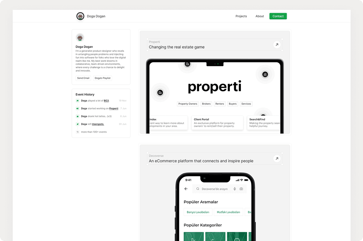 Third version of thisisdoga.com website homepage but this time it's on Framer